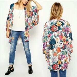 Sheer Lightweight Hippie-Chic Floral Print Kimono-Style Wrap Size Large 🌼🍃🌸